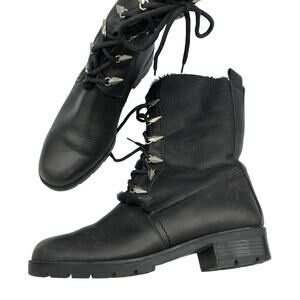 SGN Black Leather Lace Up Fur Trim Combat Boots Womens 37 Goth Witchy Whimsy